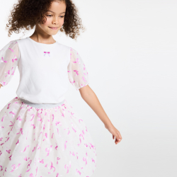 تيشيرت بأكمام قصيرة مزين بربطة، باللون الأبيض للفتيات